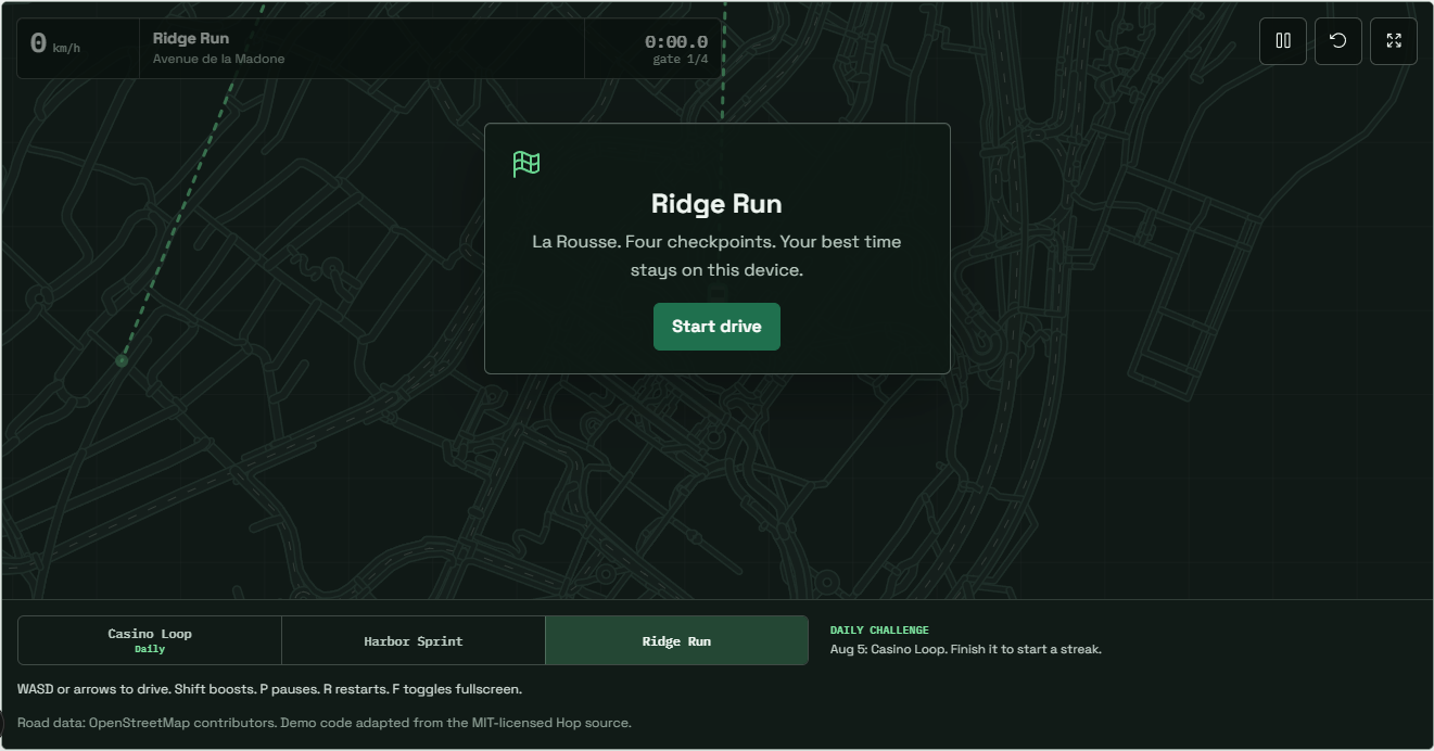 Hopearth Monaco demo with three selectable routes beneath the playable map