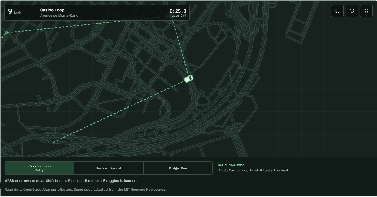 Hopearth Monaco demo in motion with the route, car, speed, timer, and checkpoint visible