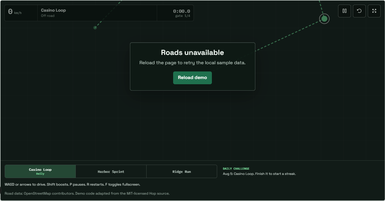 Hopearth demo showing the roads unavailable error state and a reload action